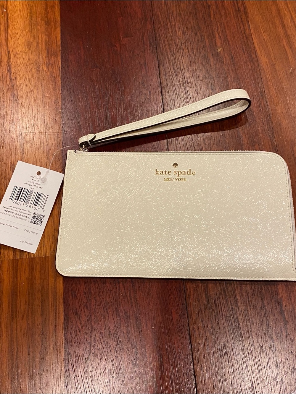 kate spade Cream Leather Wristlet Card Holder with Gold Logo